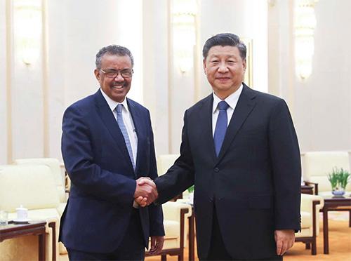 　　1月28日，习近平在北京人民大会堂会见世界卫生组织总干事谭德塞。