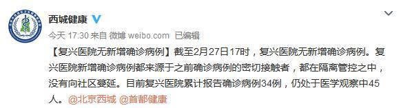 北京复兴医院无新增确诊病例 累计报告34例