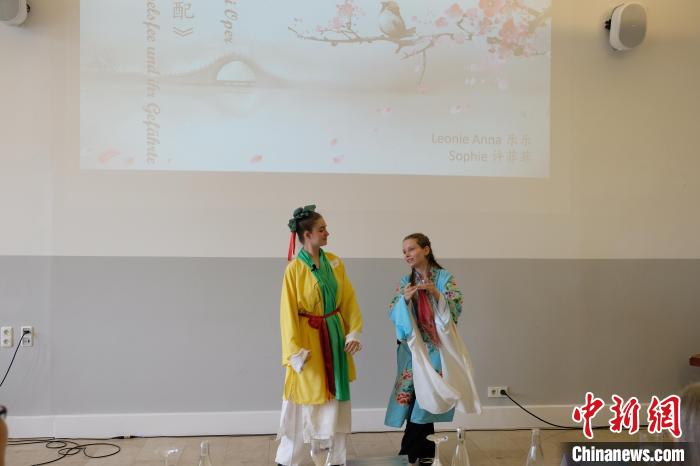 图为中学生组选手展示黄梅戏《天仙配》。　汉诺威莱布尼茨孔院供图。